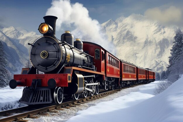 Photo a red train traveling down train tracks next to snow covered mountains