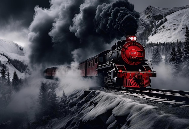 a red train traveling through a mountain with black smoke pouring in the style of snow scenes