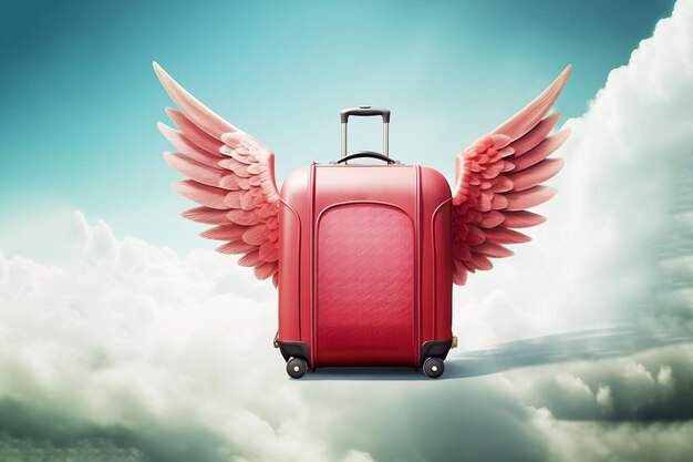 Photo red travel suitcase with wings flaying in the sky and clound travel time conceptgenerative ai