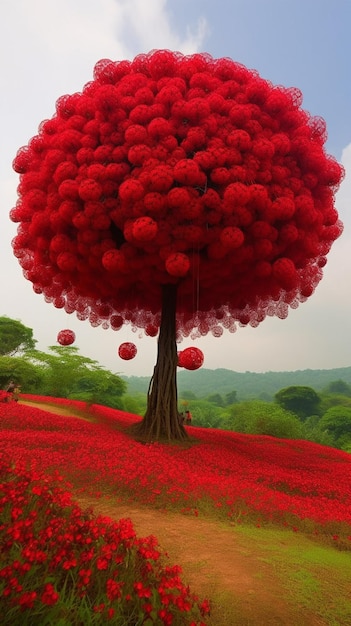 A red tree in a field of poppies