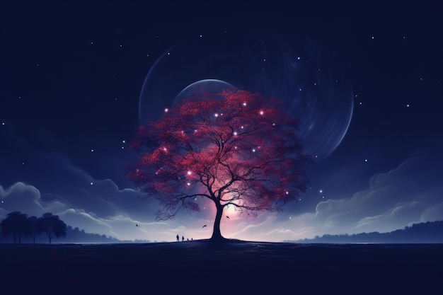 a red tree in the middle of a field at night