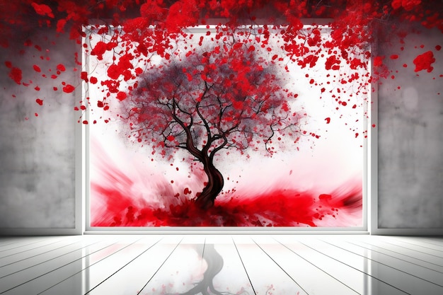 A red tree in a room with a white wall