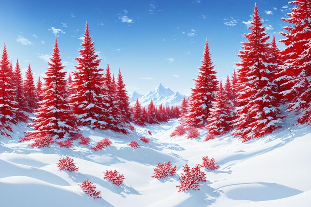 Red trees in snowy environment