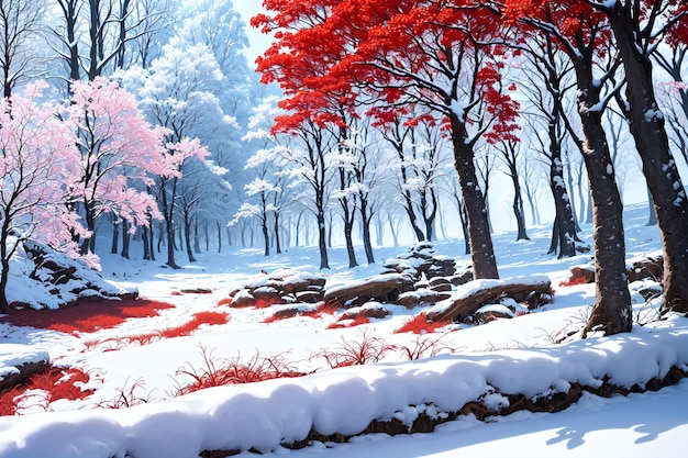 Red trees in a snowy environment