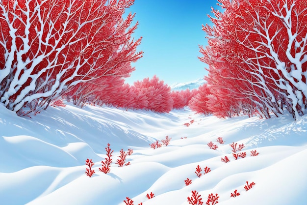 red trees in a snowy environment