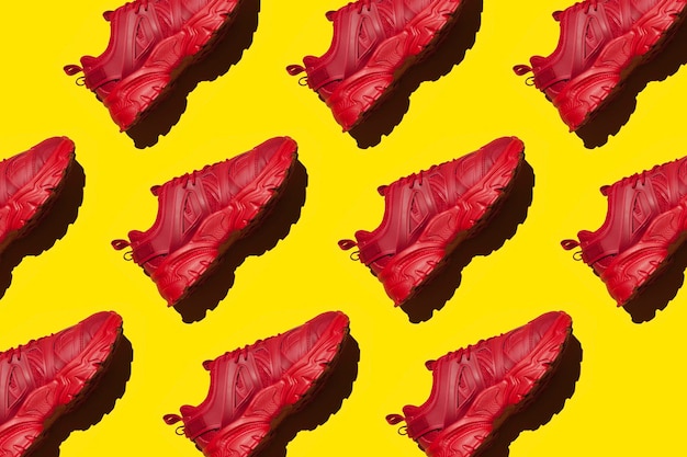 red trendy sneakers on a yellow background