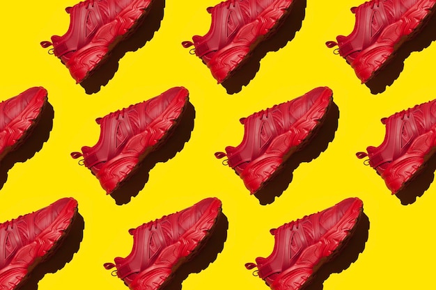 Sneakers rosse alla moda su sfondo giallo