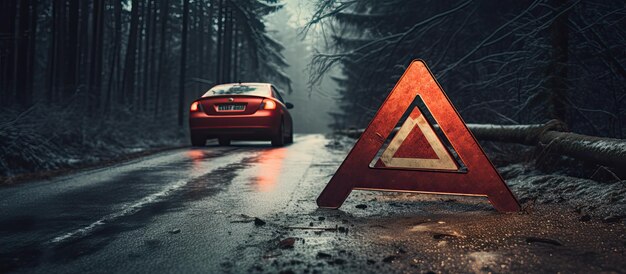 Red triangle on snowy forest road broken down car with spare tire horizontal web banner