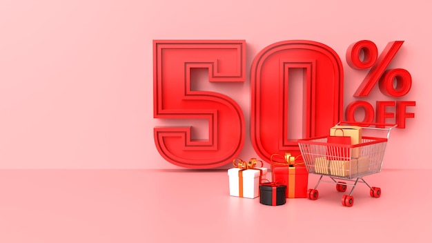 Carrello rosso in vendita con sconto in vendita 50 percentuale di rendering 3d con elementi regalo