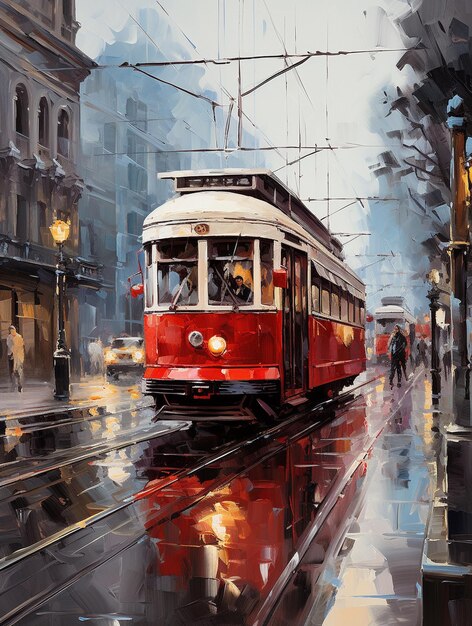 red trolleybus renaissance buildings in a busy city street impressiomnistic painting tram