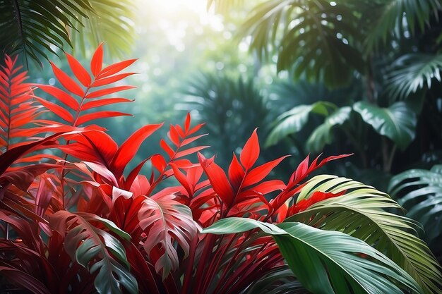 Red tropical foliage and blurred nature background