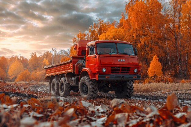 Red truck on autumn field