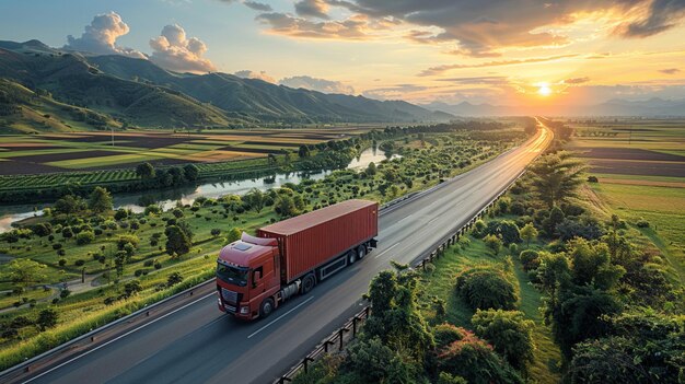 Photo a red truck drives down a road with a sunset in the background ai generated