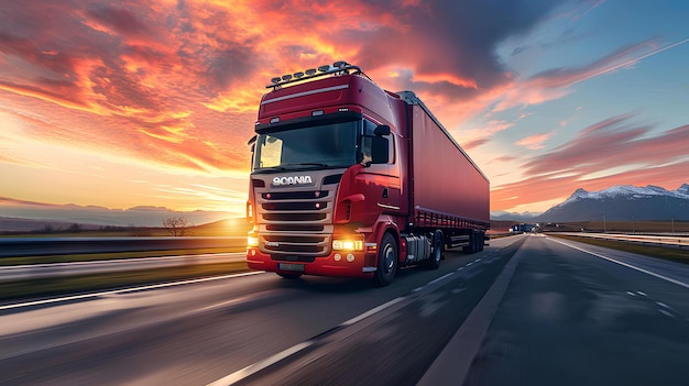 Red truck driving down the road at sunset