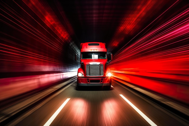 A red truck driving down a street at night Generative AI image