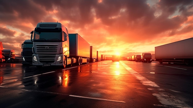 red truck on a highway at sunset