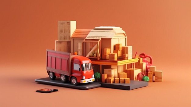 A red truck is next to a box house.