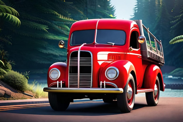 A red truck is driving down a road surrounded by trees