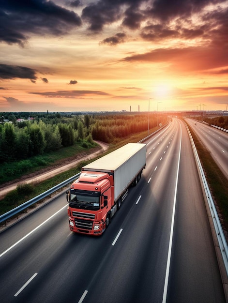 a red truck is driving down the road with the sun setting behind it