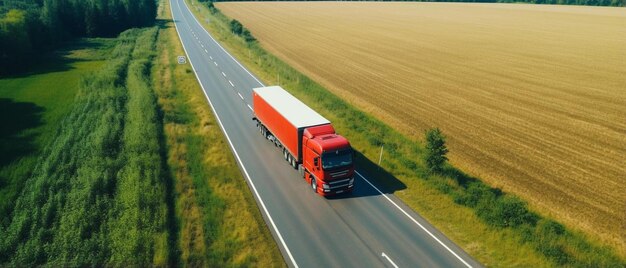 a red truck is driving down a road with a yellow truck on the side