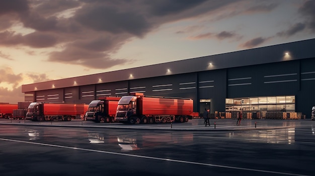 a red truck is parked in front of a building with a sky background.