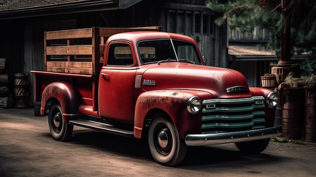 A red truck is parked in front of a house.