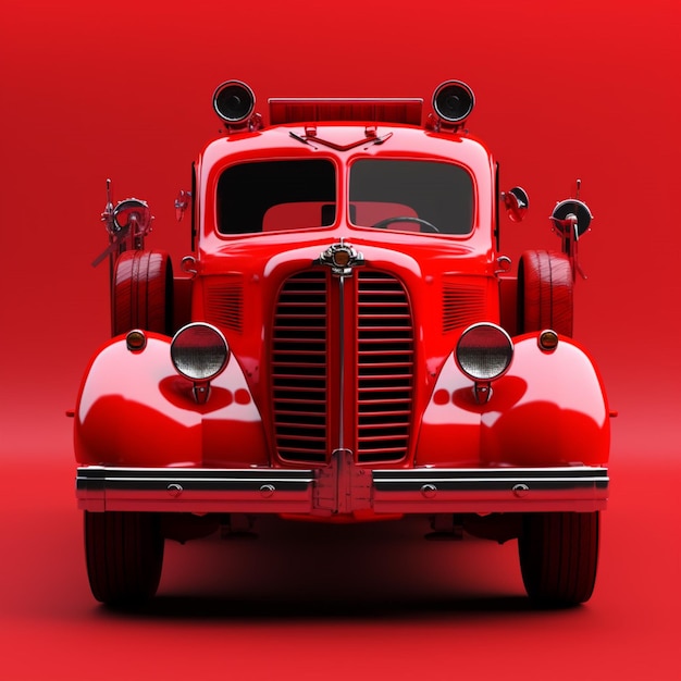 A red truck is parked in front of a red background.