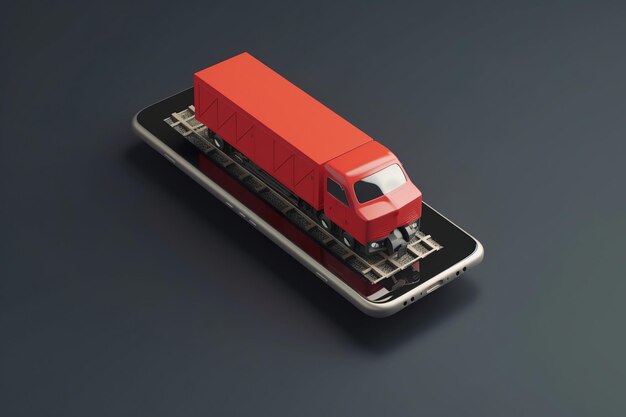 A red truck is on a phone screen.