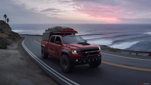 Foto camion rosso su una strada vicino al mare