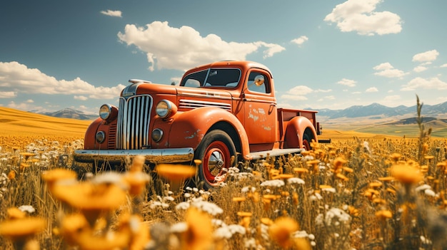 A Red truck on a road with wheat fields