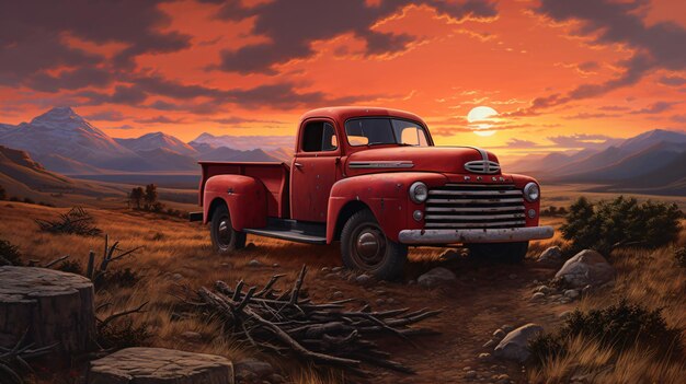 Red truck at sunset