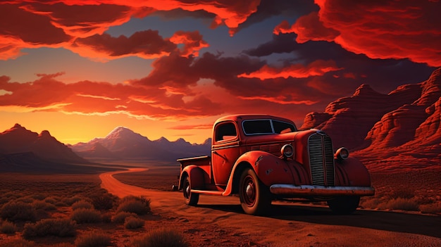 Foto camion rosso al tramonto
