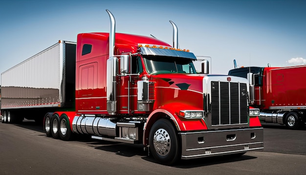 Photo a red truck with a black trailer and the word highway on the front.