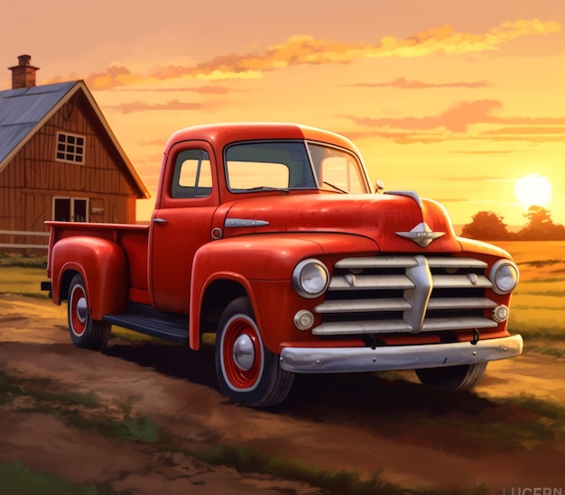 a red truck with a building in the background