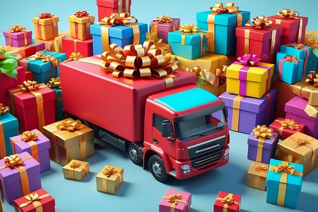 Photo red truck with heap colorful gift boxes with golden ribbon concept of delivery order and parcels christmas and birthday 3d rendering