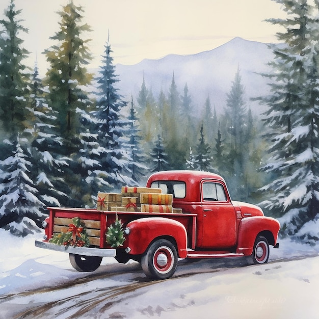 a red truck with a load of gifts on the back of it