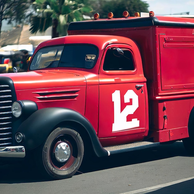 A red truck with the number 12 on the side