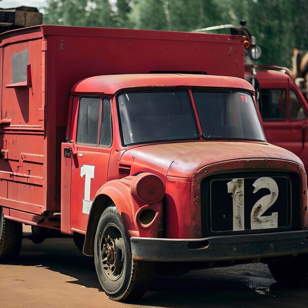 A red truck with the number 12 on the side