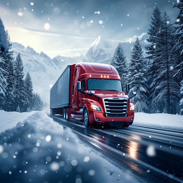 a red truck with a snow covered mountain in the background