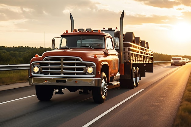 A red truck with a trailer driving down a highway.