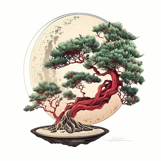 Red Trunk Bonsai Tree with Full Bright Moon