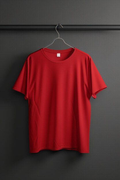 Red TShirt on Hanger Against Dark Wall