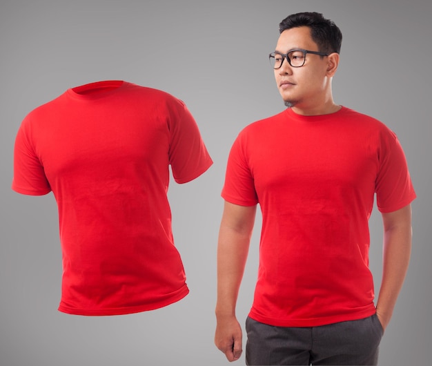 Red tshirt mock up front view isolated male model wear plain red shirt mockup