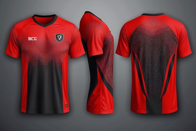 Red tshirt sport design template with abstract line halftone pattern for soccer jersey