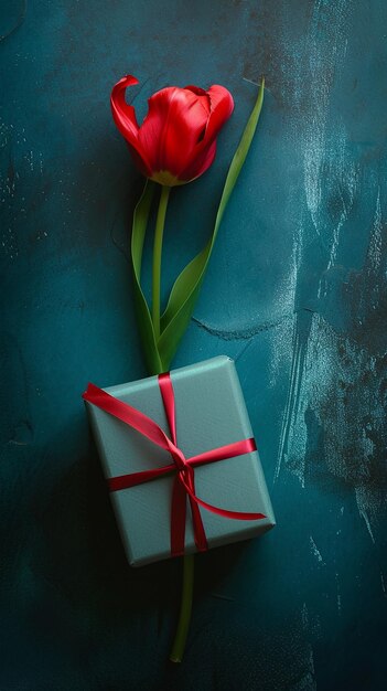 Photo red tulip on box bow background