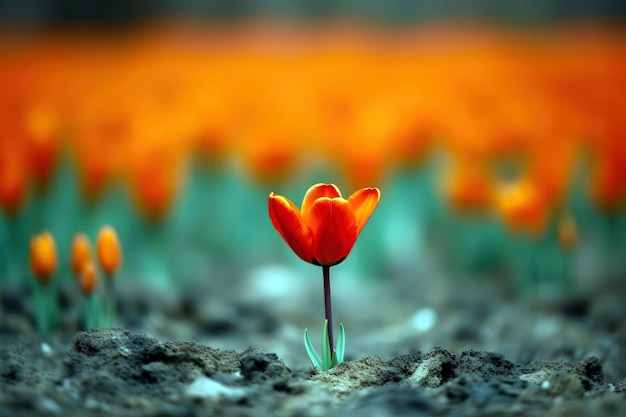 A red tulip in a field of flowers