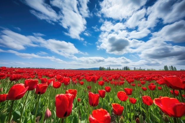 Поле красных тюльпанов с голубым небом и облаками на заднем плане, созданное с помощью генеративного ИИ