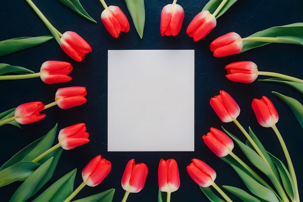 Foto i fiori di tulipano rosso aggiungono un tocco vibrante al biglietto per la giornata delle madri