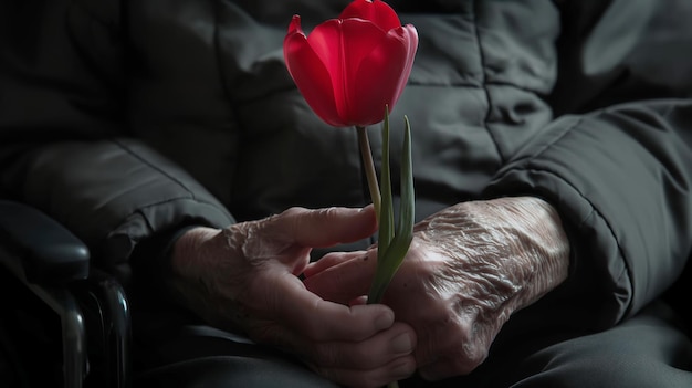 Red tulip in old male hands with Parkinsons disease closeup