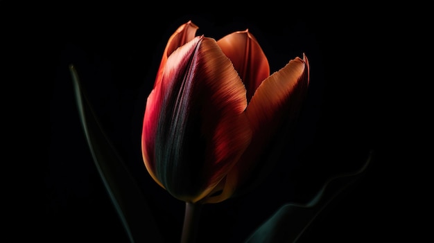 A red tulip with a black background